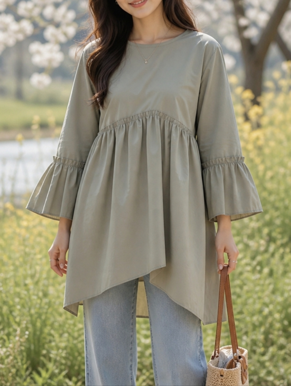 NWT Chepe 100% Cotton Olive Peplum Top Bell Sleeve Boho Chic Blouse